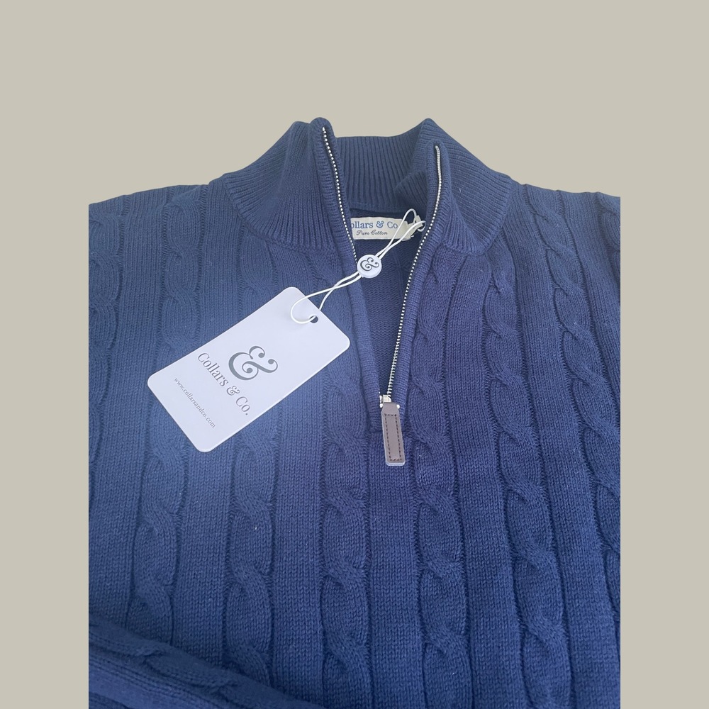 Collars & Co Kensington Navy Cable Knit Quarter Zip Sweater Mens Medium NWT - Picture 3 of 6